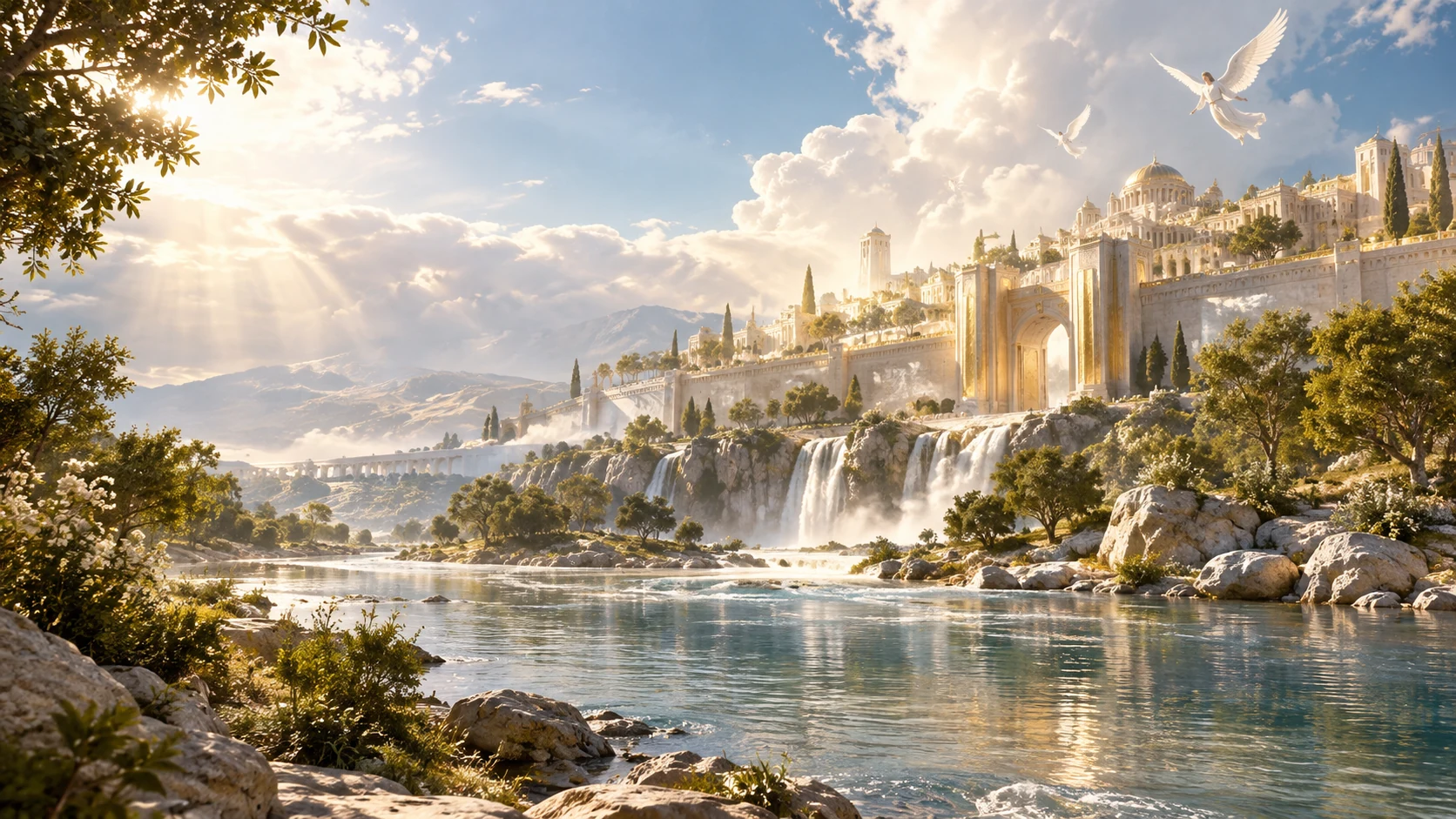 AI-generated artistic interpretation of a luminous holy city beside a crystal river, with artist-imagined angels, architecture and waterfalls; not photographic evidence